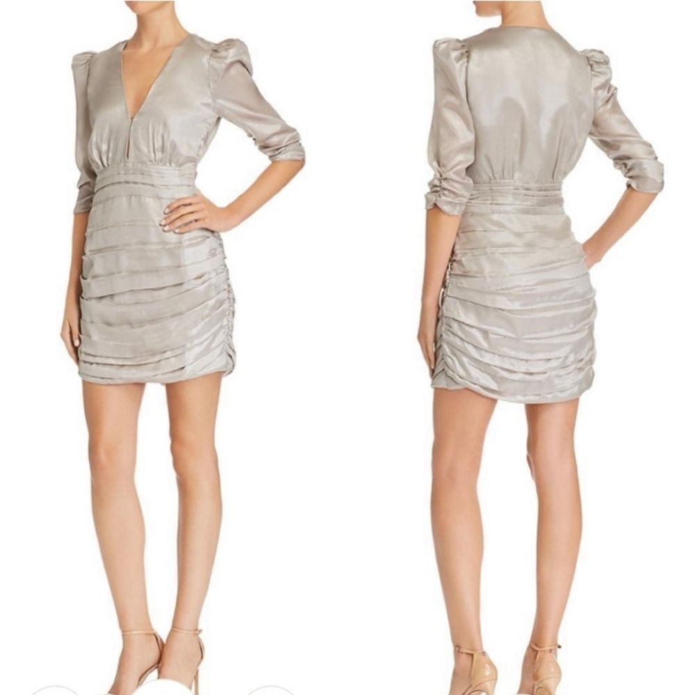 Saylor Silver Madonna Ruched Satin Mini Dress Plunge V-Neck Short Puff Sleeve L‎